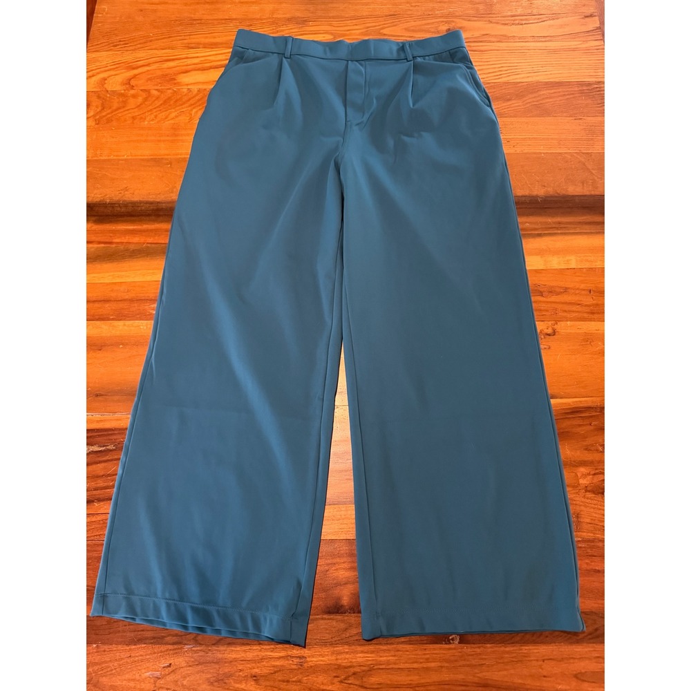 Halara Teal Blue Wide Leg Pleated Trousers High Waisted Pockets Size XL Regular